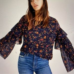 Madewell Navy Floral Ruffle Sleeve Blouse Medium